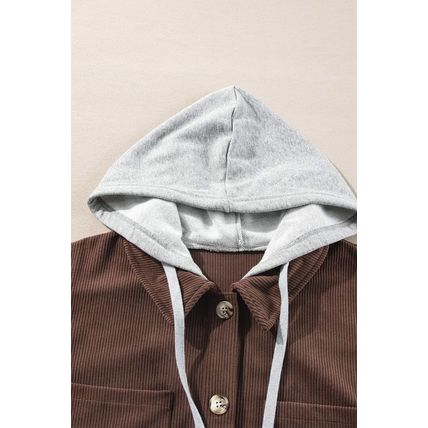 Coffee Hooded Drawstring Pockets Corduroy Shacket