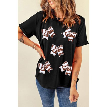Black Rugby Football Bowknot Pattern Game Day T Shirt