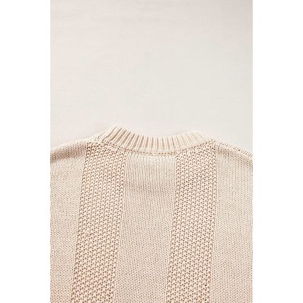 Pale Khaki Solid Color Cable Knit Ribbed Loose Sweater