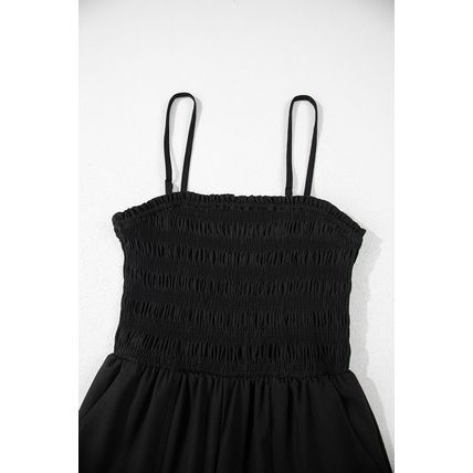 Black Spaghetti Straps Shirred Bodice Pocketed Wide Leg Jumpsuit