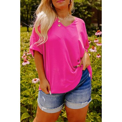Bright Pink Seamed Back High Low Hem V Neck Cuffed Sleeve Plus Size Tee