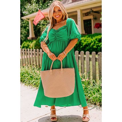 Bright Green Ruched Front Puff Sleeve Plus Size Long Dress