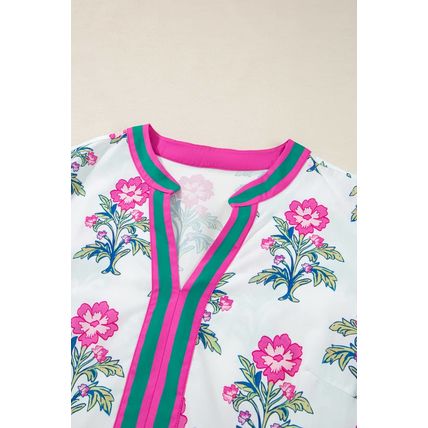 White Allover Print Contrast Split Neckline Short Puff Sleeve Curvy Dress