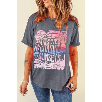 Gray FOREVER CHASING SUNSETS Graphic Summer T Shirt