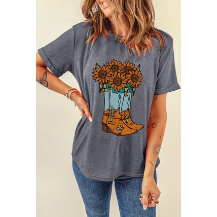 Gray Sunflower Cowgirl Boots Print Western Fashion T Shirt