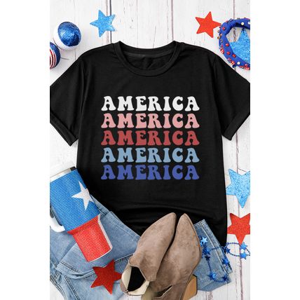Black Colorful AMERICA Print Crewneck Patriotic T Shirt