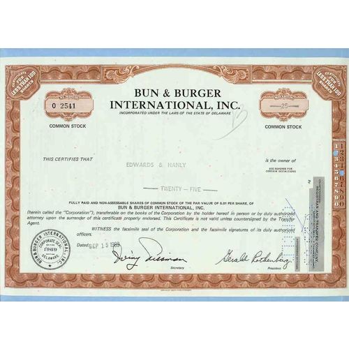 DE na Stock Certificate Company: Bun & Burger International, Inc. ~16