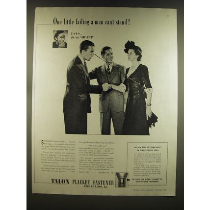1939 Talon Placket Fastener Ad - One little failing a man can't stand