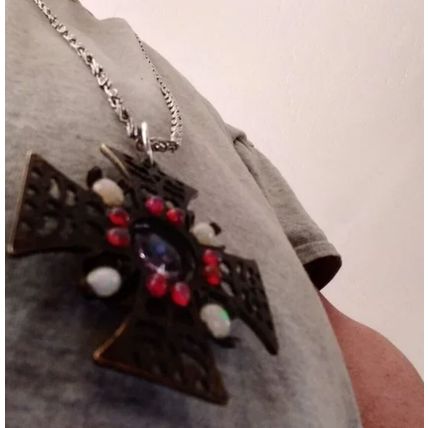 Metal Gothic cross with fire opals 30-inch chain link