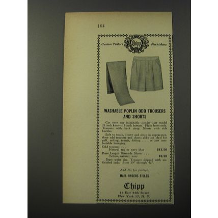 1953 Chipp Washable Poplin Odd Trousers and Shorts Advertisement