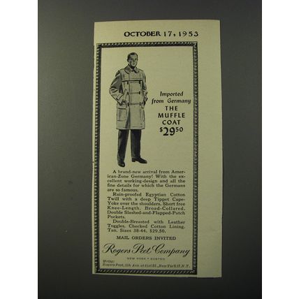 1953 Rogers Peet Muffle Coat Ad - Imported from Germany