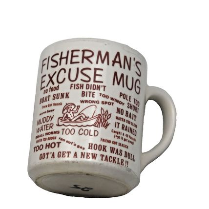 Vintage Fisherman's Excuse Mug Coffee Cup3x 3.5"H USA Fish didn't bite! really!!