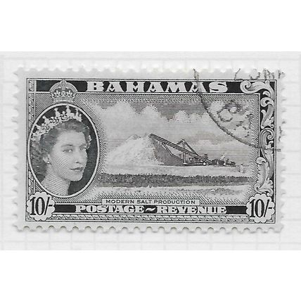 BAHAMAS 1954 QE2 MODERN SALT PRODUCTION 10/- TEN BOB SHILLINGS USED SG215 215 SG