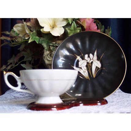 Marked in Gold MADE IN JAPAN Hand Painted Black & White Footed Teacup & Saucer