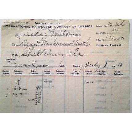 1913 International Harvester Company of America Osborne Invoice
