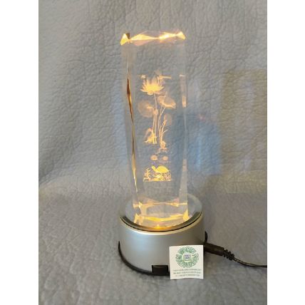 6" TALL CRYSTAL PILLAR LASER ETCHED DESIGN + LED AURORA LIGHTING EFFECT STAND