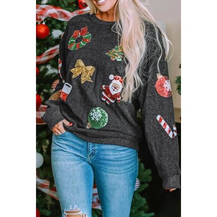 Black Sequined Christmas Graphic Corded Sweatshirt