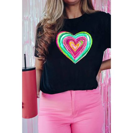 Black Valentine Heart Shaped Print Crew Neck T Shirt