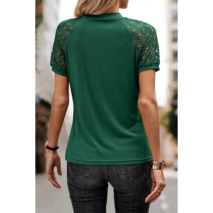 Blackish Green Seamed Detail Contrast Lace Raglan Sleeve Tee
