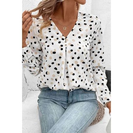 White Polka Dot Print Button Front V Neck Blouse