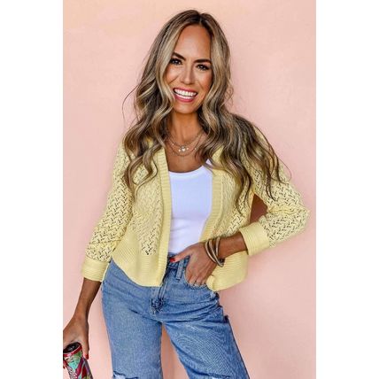 Yellow Cream Pointelle Knit Open Front Short Cardigan