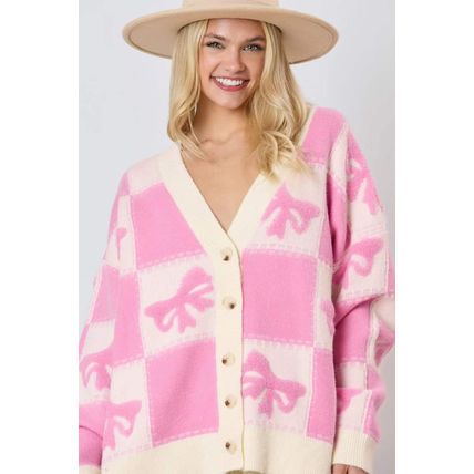 Pink Bowknot Checkered Pattern V Neck Drop Shoulder Button Up Cardigan