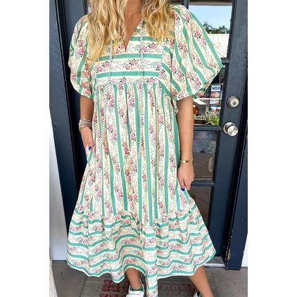Multicolour Striped Floral Print Tie Split Neck Puff Sleeve Midi Dress