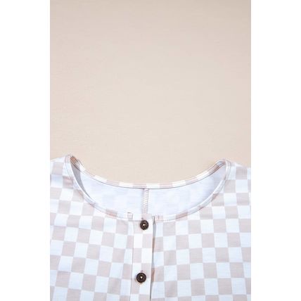 Apricot Checkered Print Buttoned Crew Neck Wide Leg Jumpsuit