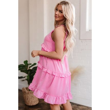 Pink Smocked Neck Knot Back Frilly Tiered Sleeveless Mini Dress