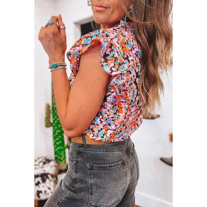 Orange Floral Print Flutter Sleeve Blouse Top