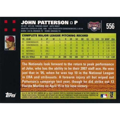 2007 Topps Baseball 556 John Patterson Washington Nationals