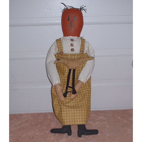 Handmade Painted Pumpkin Head Fabric Doll With Bird Necklace