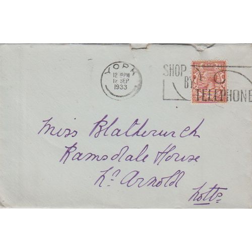 GB 1933 cover York to Arnold with nice 1.5d brown stamp & Shop by Phone Franking