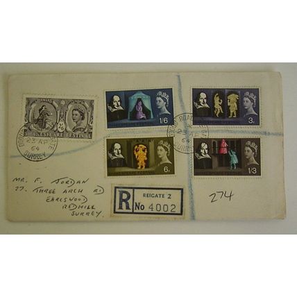 GREAT BRITAIN 1964 SHAKESPEAREREGISTERED COVER POSTED IN REIGATE