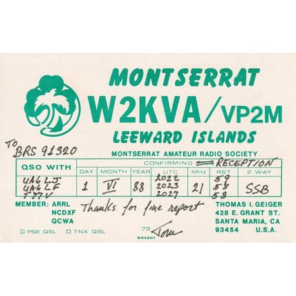 Leeward Islands Caribbean Montserrat Amateur Radio Society QSL Card