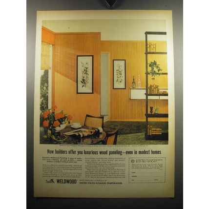 1957 U.S. Plywood Weldwood Ad - Now builders offer you luxurious wood paneling