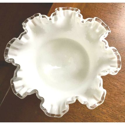 Compote Silver crest Double Ruffled Edge Fenton Milk Glass Vintage