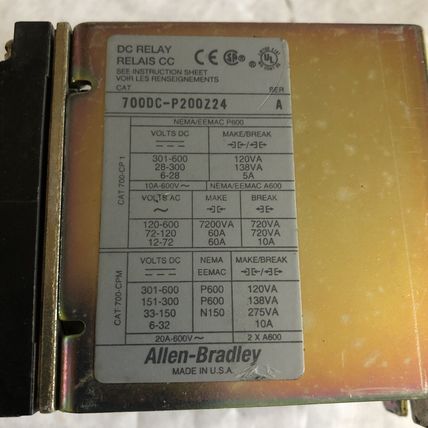 ALLEN BRADLEY 700DC-P200Z24 A,700DC CONTROL RELAY 24V COIL TYPE P, EB
