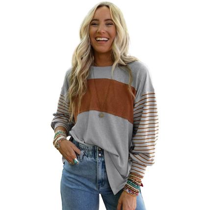 Gray Colorblock Striped Bishop Sleeve Top