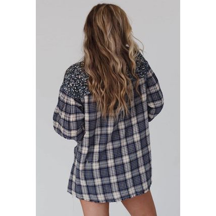 Blue Floral Plaid Mixed Print Bishop Sleeve Patchwork Top