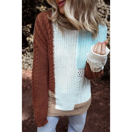 Khaki Mix Textured Knit Colorblock Patchwork Sweater