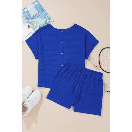 Sky Blue Textured USA Flag Doughnut Graphic Buttoned Back Tee and Shorts
