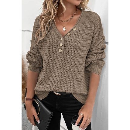 Khaki Pointelle Knit Button V Neck Drop Shoulder Sweater