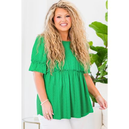 Green Textured Frilled Short Sleeve Plus Size Babydoll Blouse