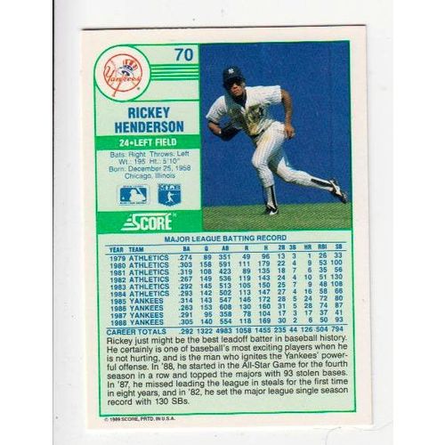 1989 Score Rickey Henderson baseball card #70 – Yankees