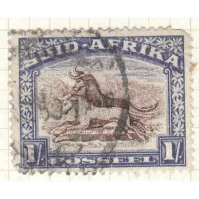 South Africa 1927 - 1/- ultramarine/ochre - Wildebeest - used