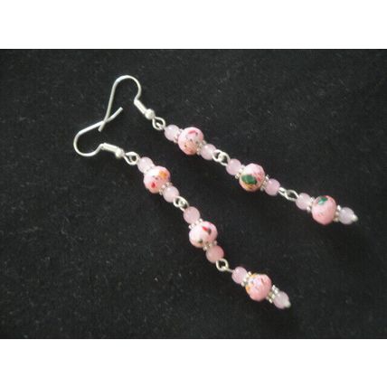 Special red green yellow on pink & pink glass long drop swing earrings