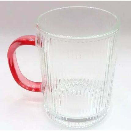 Ridged Glass Mug with Pink Handle 10 CM Cold Drinks Only Gift Summer Beverages