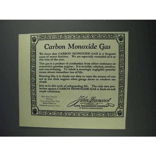 1925 John Hancock Life Insurance Ad - Carbon Monoxide