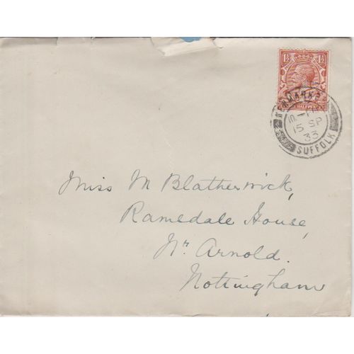 GB 1933 cover from Newmarket to Arnold Notts nice 1.5d brown stamp see rest